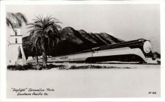 1940 ca. Southern Pacific Streamline Train Daylight illustration SP-203 RPPC front