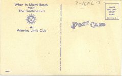 1940 ca. Winnie’s Little Club Miami Beach, Florida postcard back