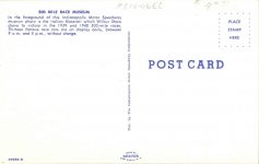 1941 ca. Indy 500 Race cars 500 MILE MUSEUM postcard back
