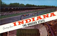 1960 ca. Indy 500 Greetings from INDIANA THE HOOSIER STATE postcard front