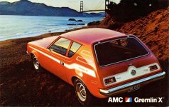 1973 AMC Gremlin and the Golden Gate Bridge postcard front
