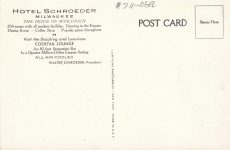 1935 ca. Milwaukee, WIS Cocktail Lounge HOTEL SCHROEDER postcard back