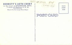 1940 ca. BENNETTS AUTO COURT Evanston, WYO postcard back