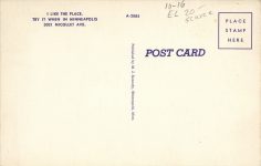 1940 ca. Minneapolis PRESIDENT CAFE postcard back