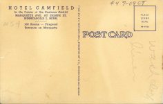 1940 ca. New HOTEL CAMFIELD Minneapolis, MINN postcard back