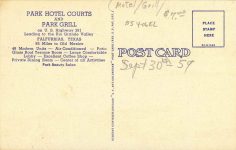 1940 ca. Park Hotel Courts AND Park Grill Falfurrias, TEXAS postcard back
