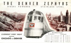 1940 ca. THE DENVER ZEPHYRS trains postcard front