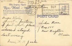 1942 6 12 Houston, TX Empire Room Rice Hotel postcard back