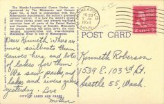 1954 7 23 Minneapolis, MINN Finish of Canoe Derby M-100 postcard back