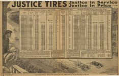 1915 Indy 500 Full Account JUSTICE TIRES SEARS, ROEBUCK & CO Auto Catalog 17″x10.75″ pages 16 & 17