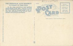 1915 ca. PIKES PEAK AUTO HIGHWAY postcard back