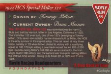 1923 HCS Special Miller 122 “A Step Back In Time” Event Collector Card 4 of 13 3.75″×2.5″ back
