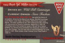 1934 Boyle Spl Miller Dirt 270 “A Step Back In Time” Event Collector Card 12 of 13 3.75″×2.5″ back
