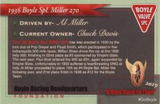 1936 Boyle Spl Miller 270 “A Step Back In Time” Event Collector Card 13 of 13 3.75″×2.5″ back