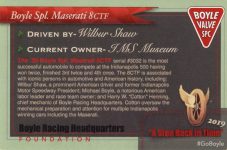 1938 Boyle Spl Maserati 8CTF “A Step Back In Time” Event Collector Card 1 of 13 3.75″×2.5″ back