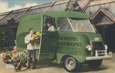 1940 ca. Chicago, ILL Cool Green Delivery Truck OAKWOODS GREENHOUSES postcard front