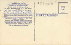 1940 ca. ILL, Chicago TERRACE RESTAURANT postcard back