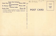1940 ca. UTAH, Cedar City St. George Kanab motels postcard back