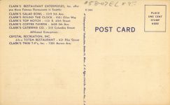 1940 ca. WASH, Seattle CLARKS RESTAURANTS postcard back