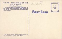 1940 ca. WIS, Milwaukee CLUB MILWAUKEAN postcard back