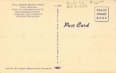 1950 ca. OKLA, Tulsa Will Rogers Motor Court on US 66 postcard back