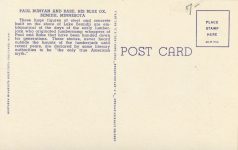 1940 ca. MINN Bemidji PAUL BUNYAN AND HIS BLUE OX BABE sculpture postcard back