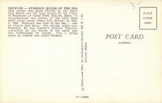 1950 ca. MINN Duluth NEPTUNE SYMBOLIC RULER OF THE SEA sculpture postcard back
