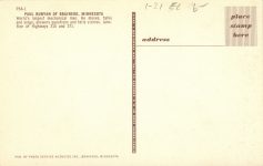1955 ca. MINN Brainerd PAUL BUNYAN sculpture postcard back