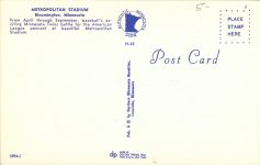 1965 ca. MINN Bloomington HOME OF THE MINNESOTA TWINS Metropolitan Stadium postcard back