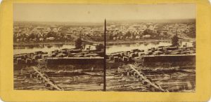 1865 ca. MINN Minneapolis Mississippi River and First Hennepin Avenue Bridge UPTON’S MINNESOTA AND NORTHWESTERN VIEWS 7″×3.5″ stereo front