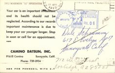 1912 MARMON 32 Speedster postcard back