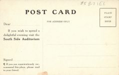 1920 ca. Minneapolis, MINN SOUTH SIDE AUDITORIUM postcard back