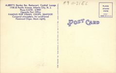 1940 ca. NJ, Atlantic City ALBERT’S Garden Bar Restaurant postcard back