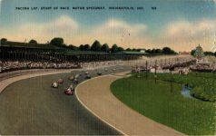 1941 Indy 500 Linen Postcard 1941 Pacing Lap, Start of Race Posted 1952 front