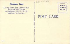 1950 ca. ROMAN INN Madison, WIS postcard back