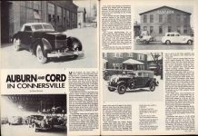 AUBURN AND CORD IN CONNERSVILLE By Henry Blommel article CARS & PARTS May 1986 8.5″×11″ pages 36 & 37