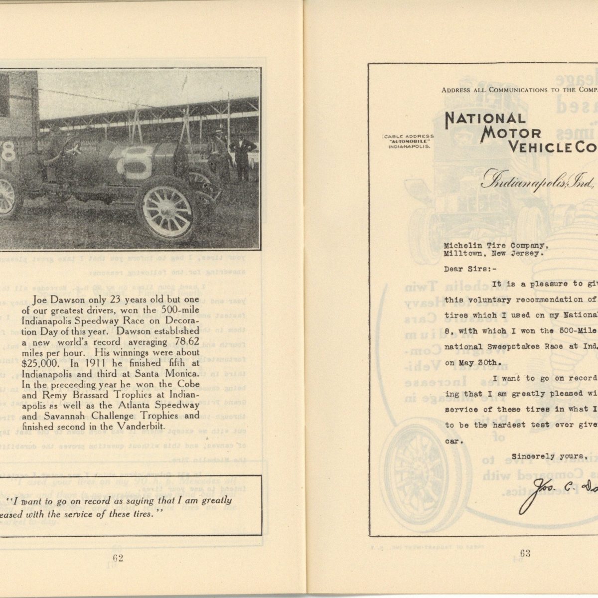 1912 MICHELIN THE MOTORIST'S HANDBOOK NATIONAL Joe Dawson 4.25"×6.25