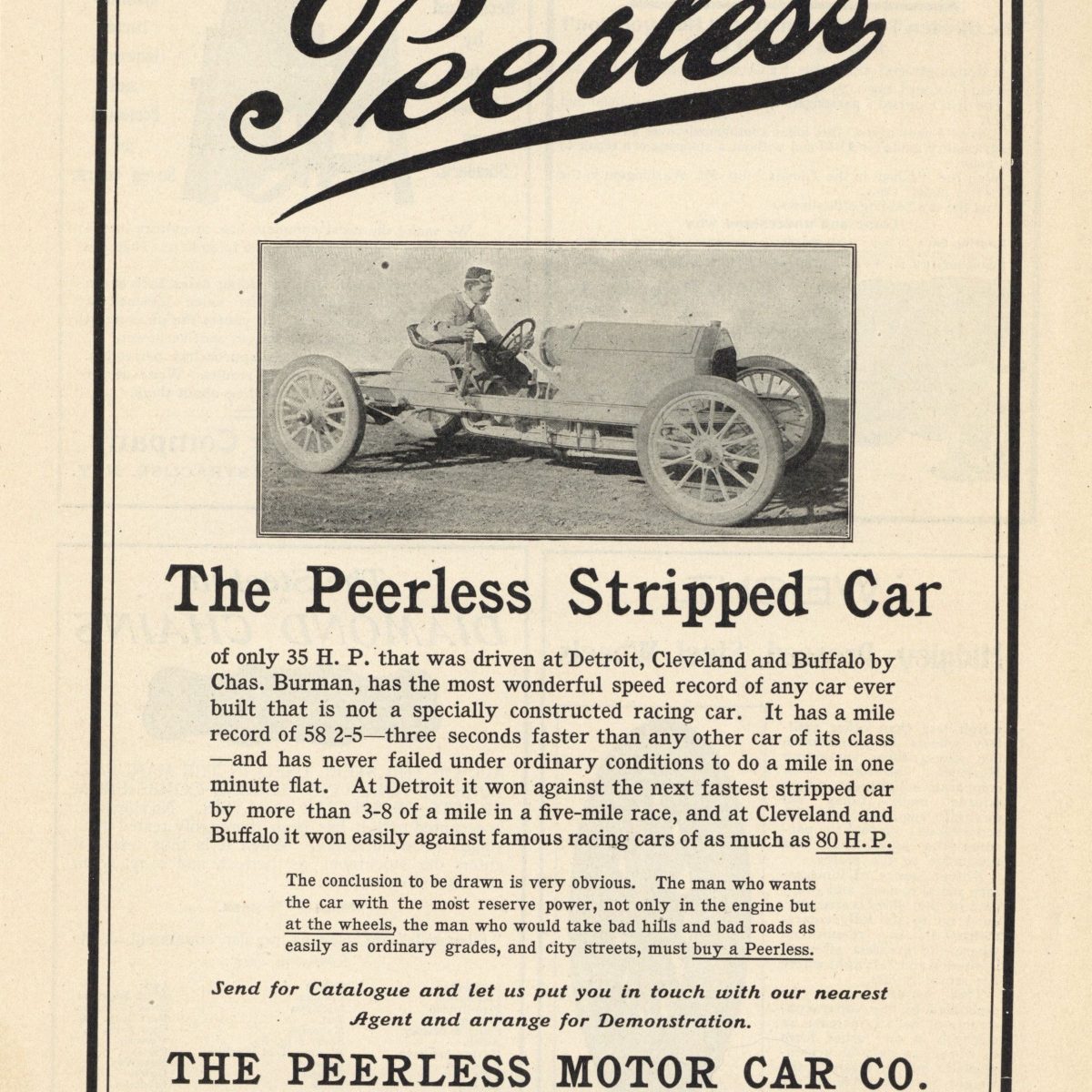 1905 9 6 Peerless The Peerless Stripped Car ad THE HORSELESS AGE 8.25"×