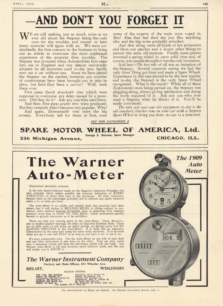 1909 4 WARNER The Warner Auto Meter ad MoToR 95×13 page 129