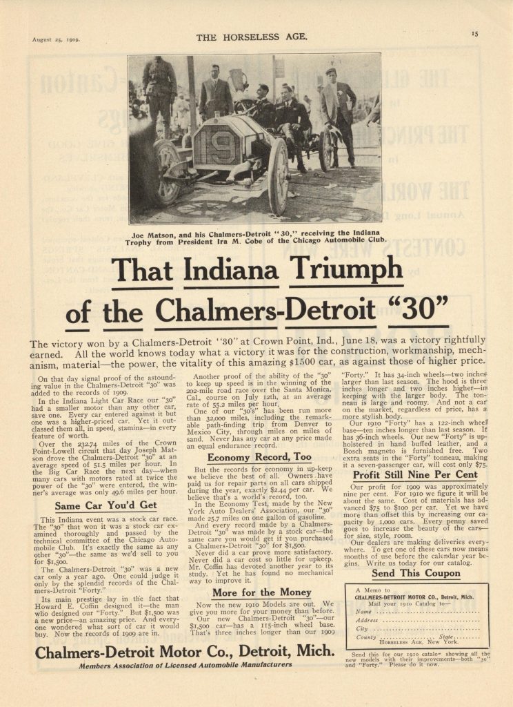 1909 8 25 CHALMERS DETROIT That Indiana Triumph of the Chalmers Detroit 30 ad THE HORSELESS AGE 825×115 page 15