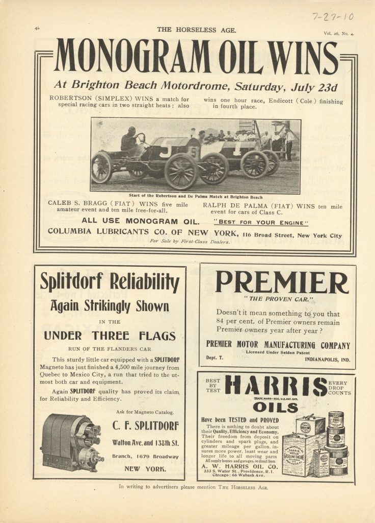 1910 7 27 MONOGRAM OIL WINS Brighton Beach ad THE HORSELESS AGE 85×12 page 42