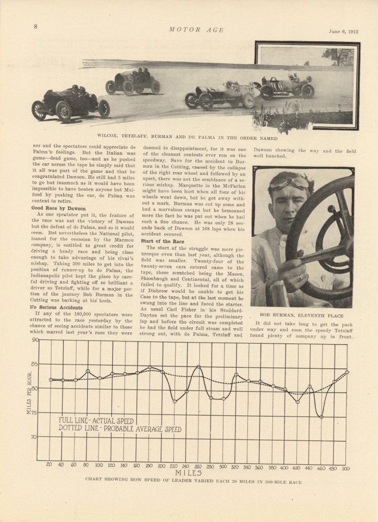 1912 6 6 Indy 500 NATIONAL Five Century Race to Dawson National article MOTOR AGE 85×12 page 8