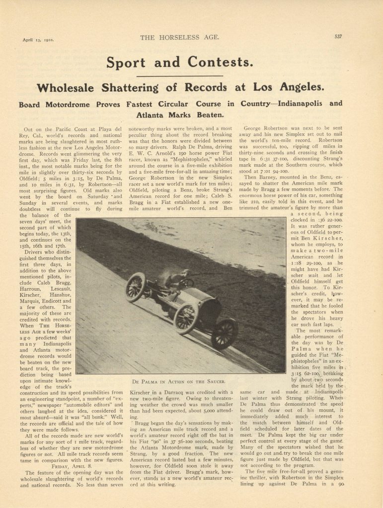 1910 4 13 Wholesale Shattering of Records at Los Angeles Sport and Contests article THE HORSELESS AGE 875×1175 page 537