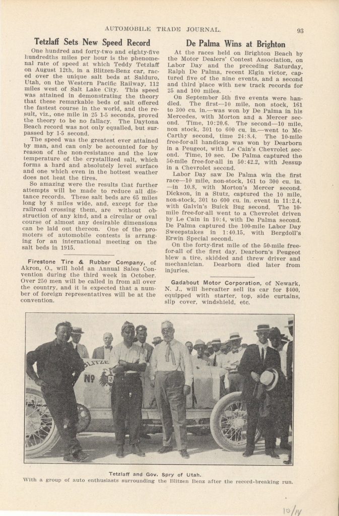 1914 10 Tetzlaff Sets New Speed Record Blitzen Benz photo AUTOMOBILE TRADE JOURNAL 625×95 page 93
