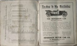 1912 Indy 500 PROGRAM 1911 Indy 500 Results THE HENDERSON CAR ad pages 34 & 35 screenshot