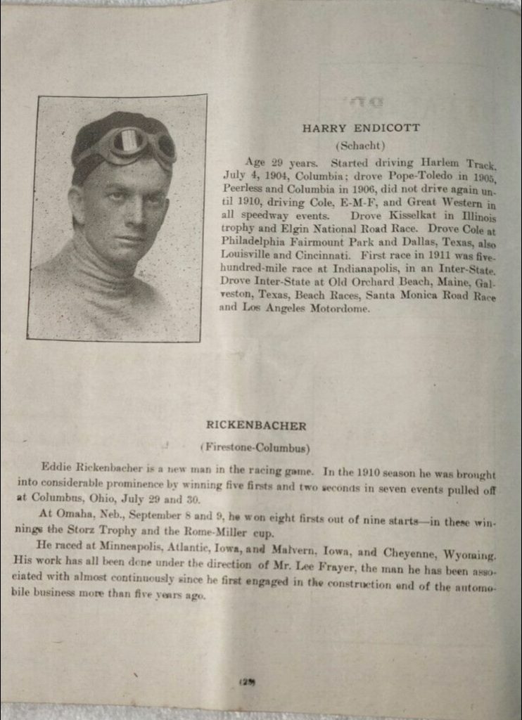 1912 Indy 500 PROGRAM HARRY ENDICOTT driver RICKENBACHER page 29 screenshot