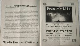 1912 Indy 500 PROGRAM Michelin PREST-O-LITE ad Inside front cover pages 6 & 7 screenshot