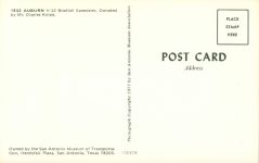1933 AUBURN V-12 Boattail Speedster 1977 postcard back