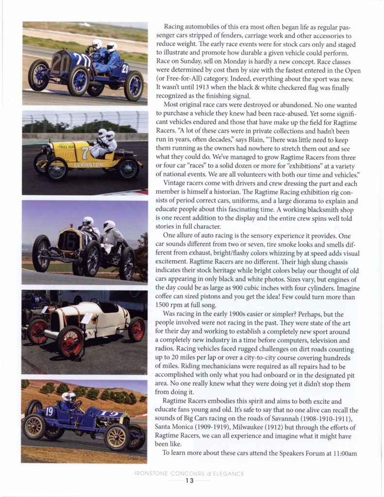 2023 IRONSTONE CONCOURS program 8.5"×11" RAGTIME RACERS By Harold Osmer page 13