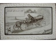 1907 ca. Will Arrive At auto racing Comic postcard front screenshot